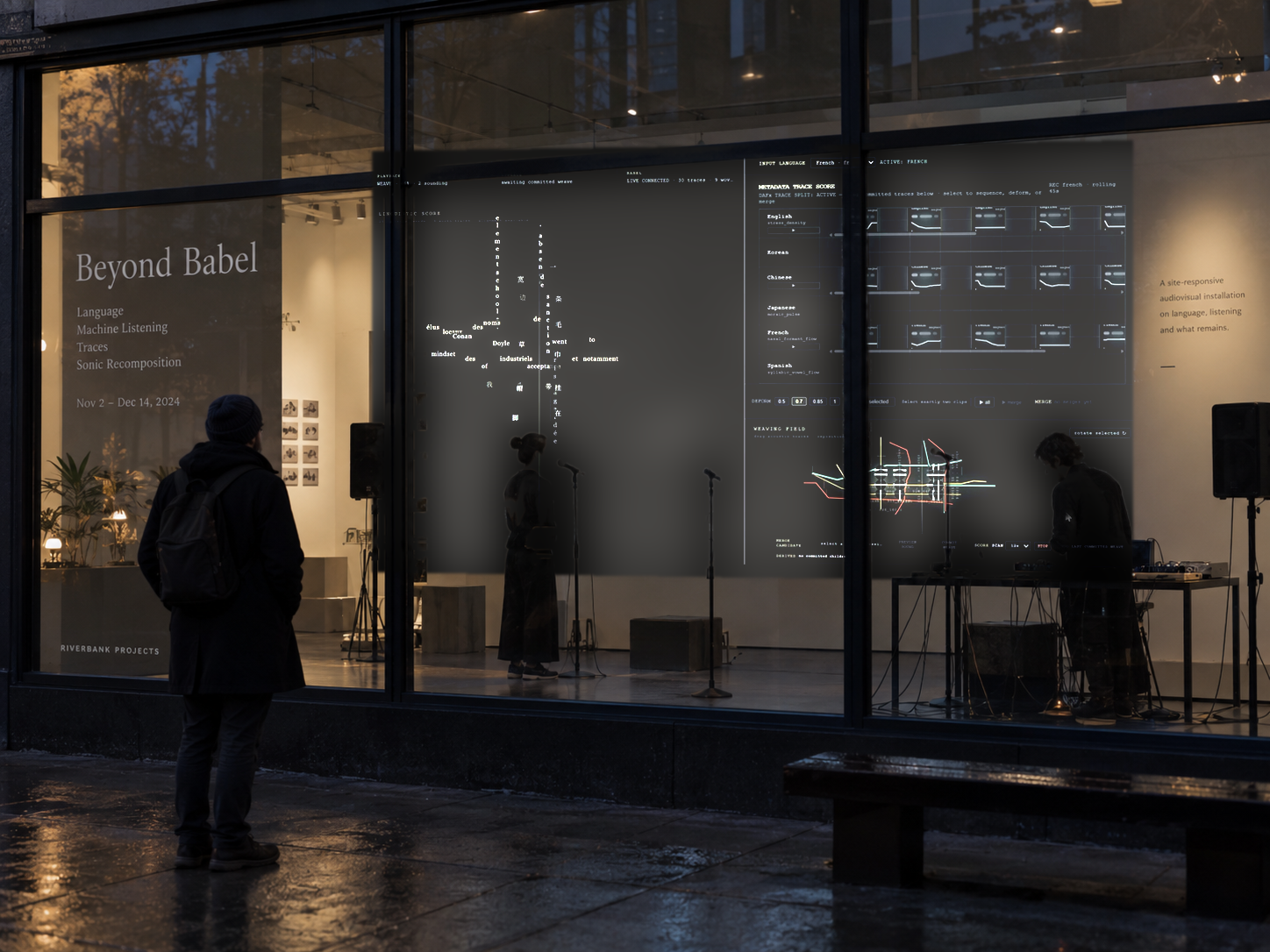 Conceptual view of Beyond Babel installed in a street-facing studio.